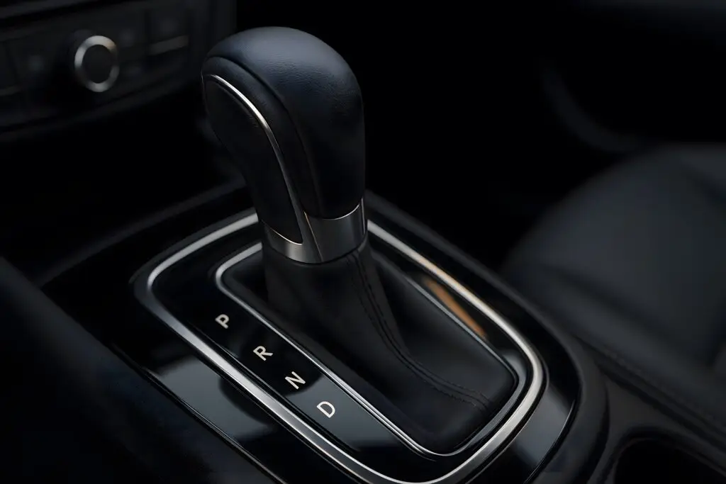 Modern car automatic transmission gear shifter with leather handle showing P R N D positions on glossy black console interior detail